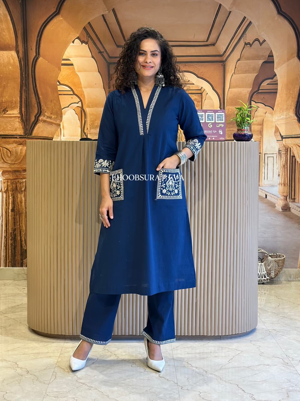 Royal Blue Cotton Kurta Set: Elegant Embroidery, Statement Sleeves, Festive Style