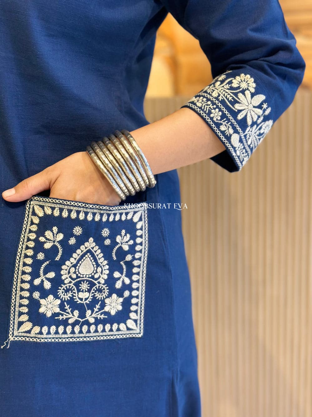 Royal Blue Cotton Kurta Set: Elegant Embroidery, Statement Sleeves, Festive Style