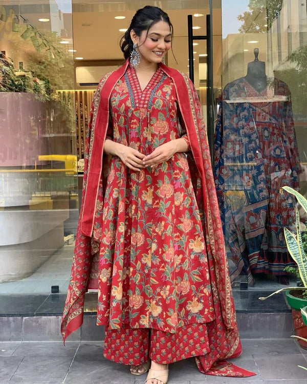 Biba Reddish Floral Cotton Suit Set with Mulmul Dupatta: Elegant, Comfortable, Stylish