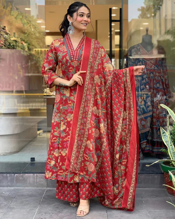 Biba Reddish Floral Cotton Suit Set with Mulmul Dupatta: Elegant, Comfortable, Stylish