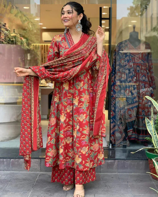 Biba Reddish Floral Cotton Suit Set with Mulmul Dupatta: Elegant, Comfortable, Stylish