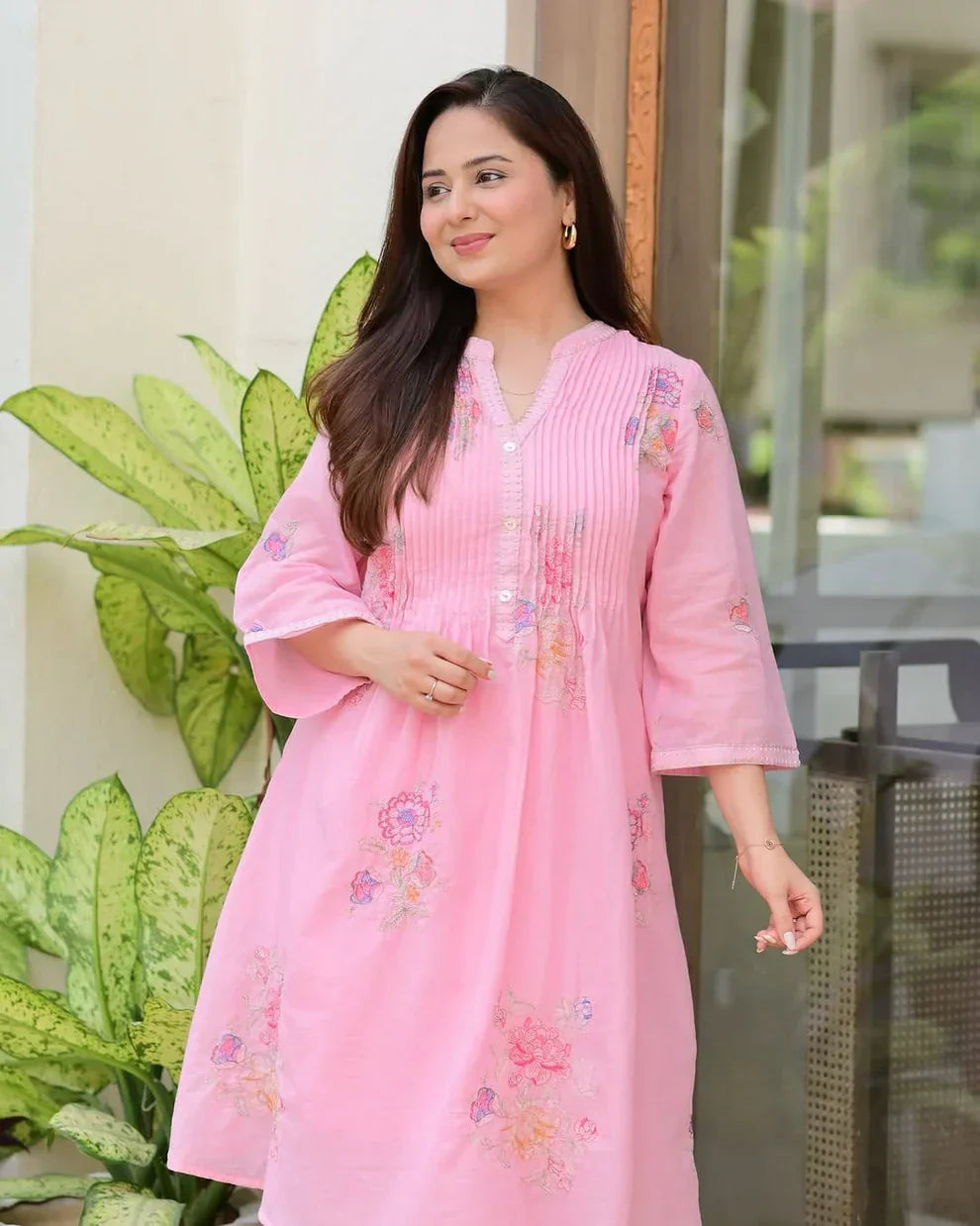 Soft Pink Mulmul Cotton A-Line Kurta & Plazo Set for Women