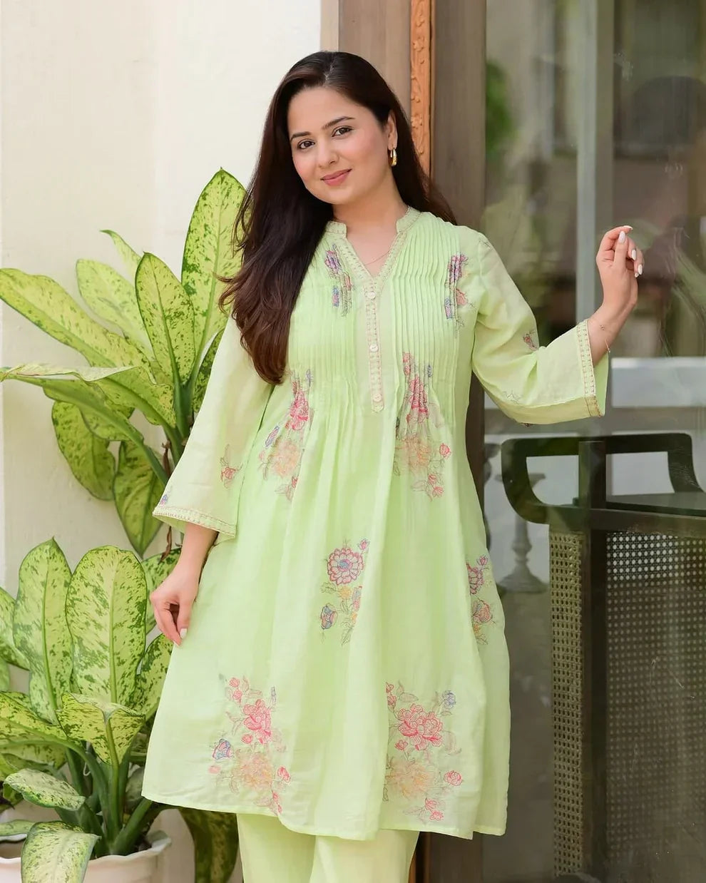 Light Green Mulmul Cotton A-Line Kurta Set with Plazo - Comfortable & Stylish