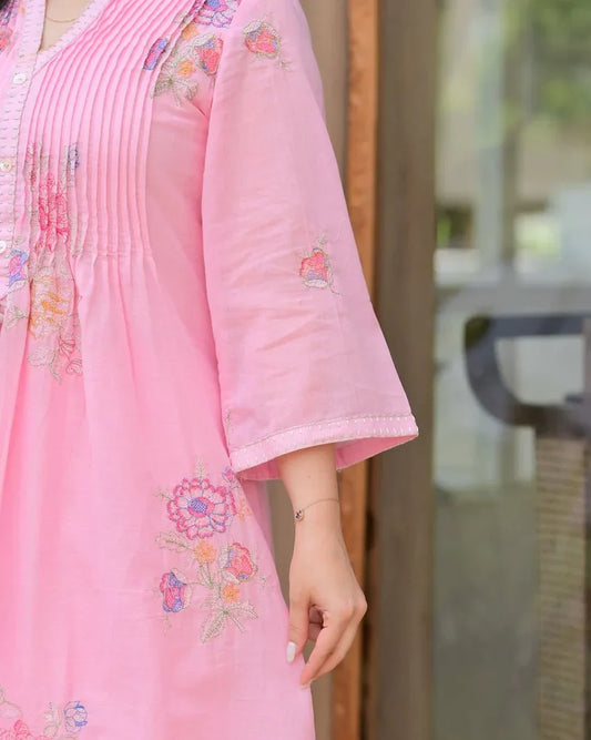 Soft Pink Mulmul Cotton A-Line Kurta & Plazo Set for Women
