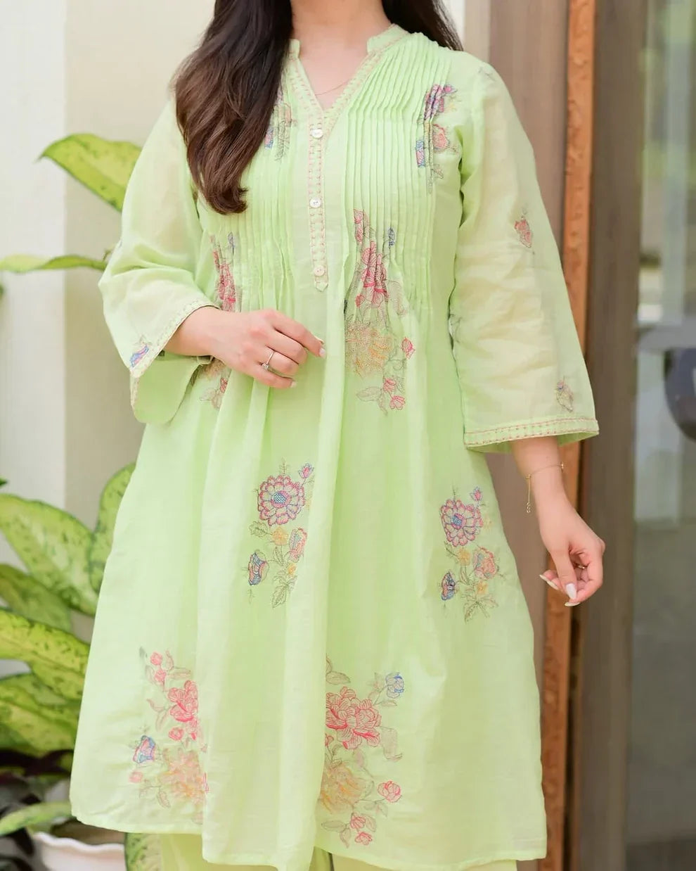 Light Green Mulmul Cotton A-Line Kurta Set with Plazo - Comfortable & Stylish