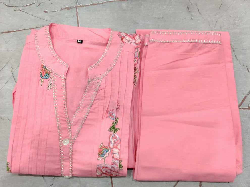 Soft Pink Mulmul Cotton A-Line Kurta & Plazo Set for Women