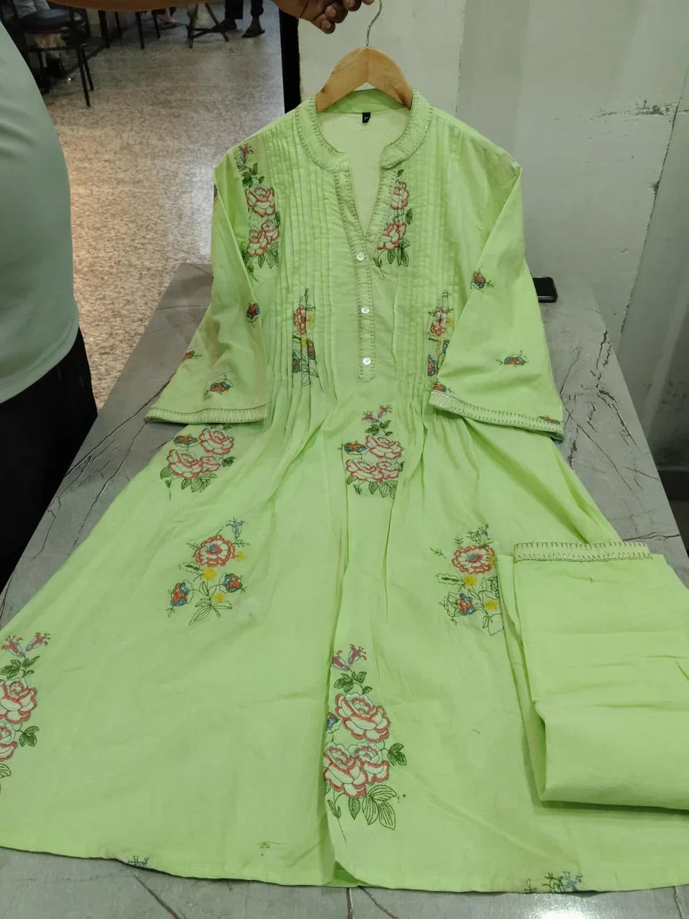 Light Green Mulmul Cotton A-Line Kurta Set with Plazo - Comfortable & Stylish