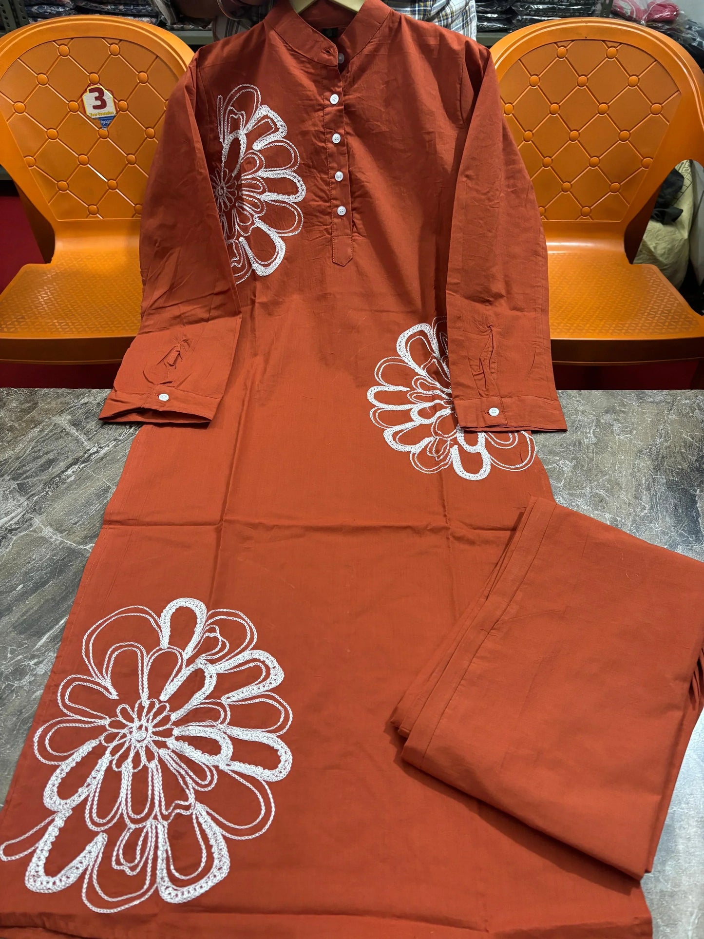 Vibrant Orange Pure Cotton Embroidered Kurta Pant Set for Women