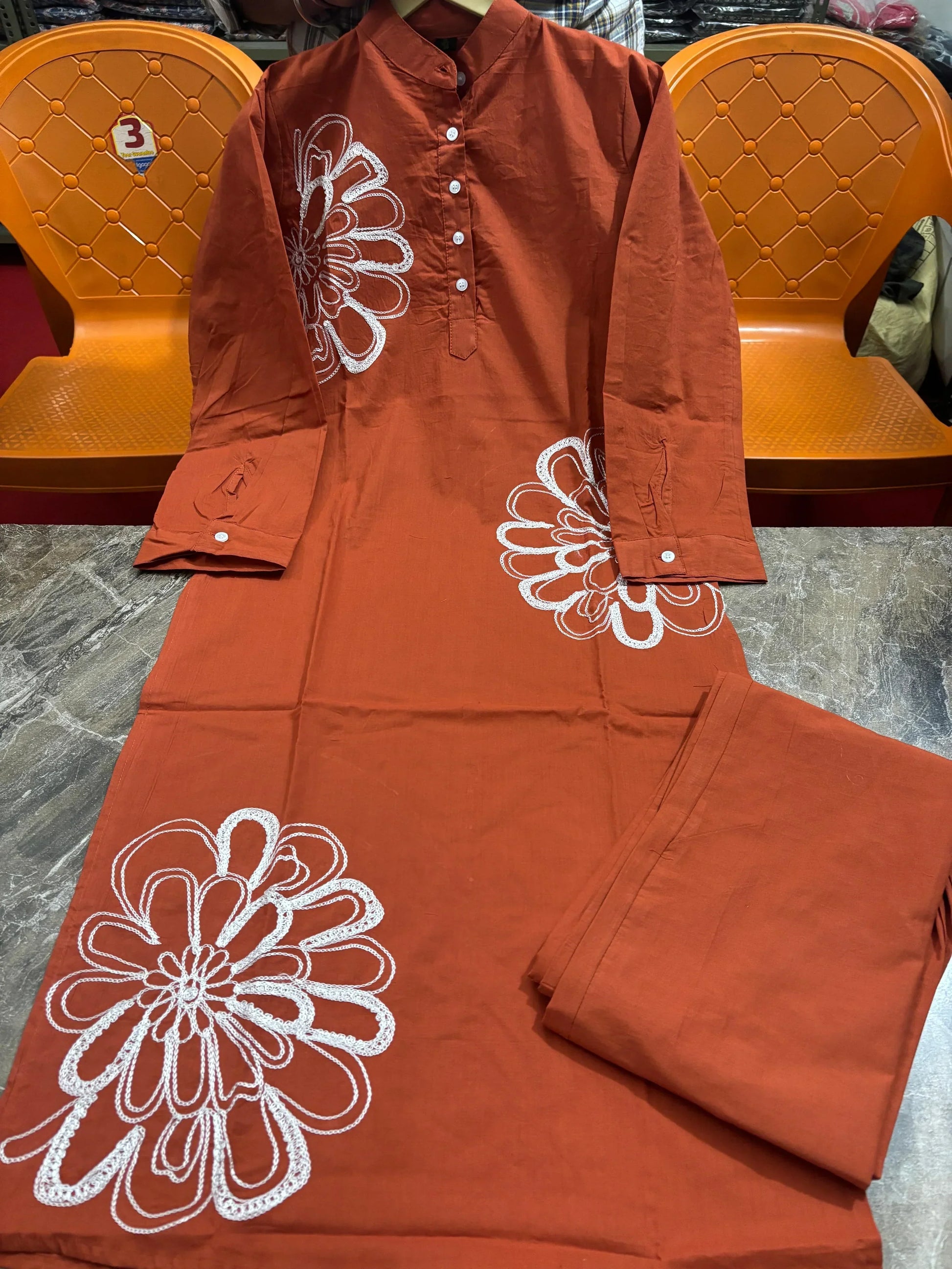 Vibrant Orange Pure Cotton Embroidered Kurta Pant Set for Women